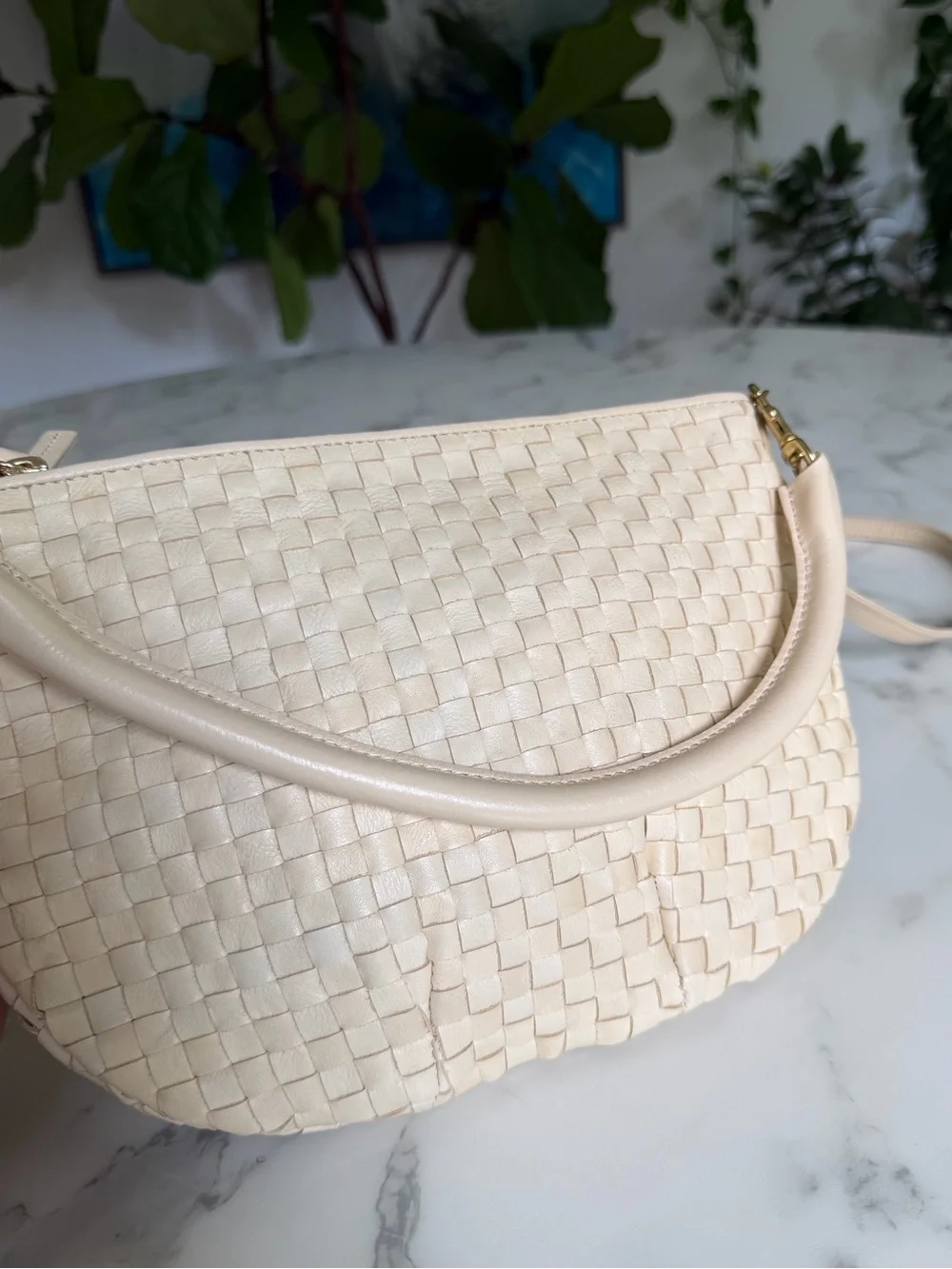 Clare V Petit Moyen Cream Woven Checker Leather Crossbody Shoulder Bag